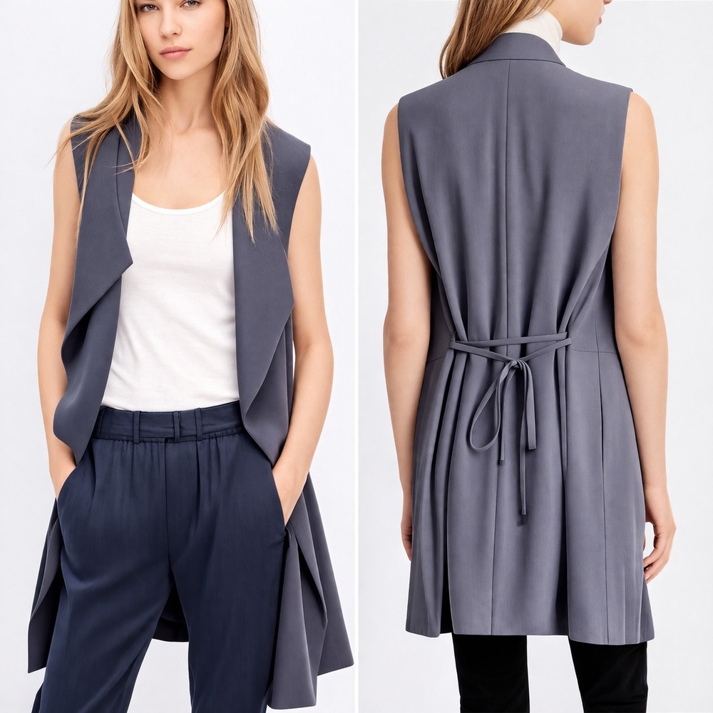 VINCE Long Drape Crepe Vest Oversized Leather Tie Waist Wrap Obi Belt Gray SZ XS